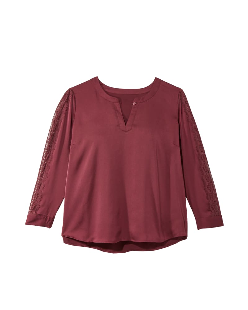 Front of plus size Connie Long Sleeve Blouse with Lace Trim and Split Neck by Ryan Wythe | Dia&Co | dia_product_style_image_id:118839